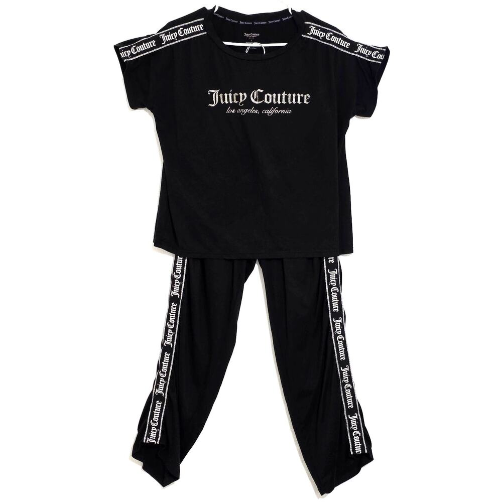 Juicy Couture Sleepwear Glitter Logo Tape Pajama Lounge 2Pc Set Black Large